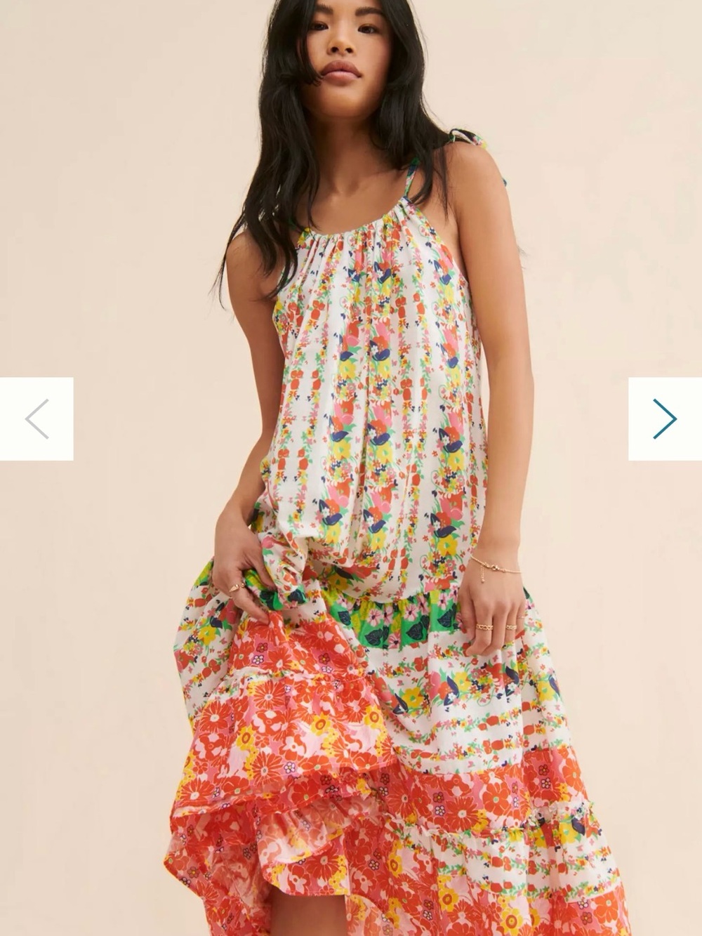 Anthropologie White Floral Maxi Dress with Red and Green Accents